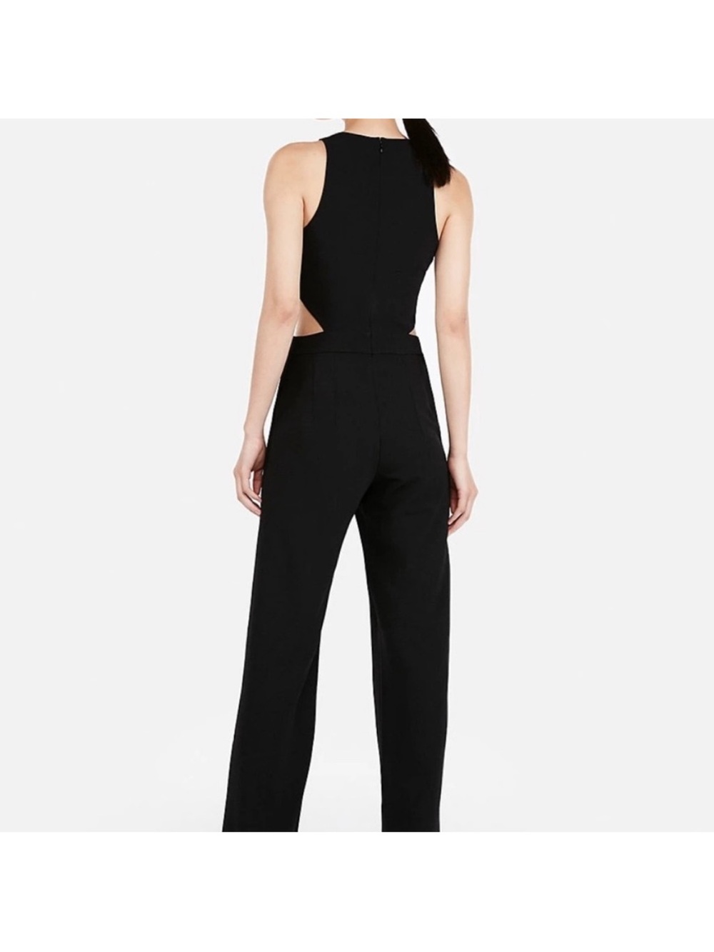 black Express crew neck cutout sides of waist wide leg jumpsuit w/pockets - Picture 2 of 5